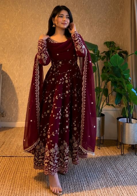 Maroon Embroidery Silk Gown Set