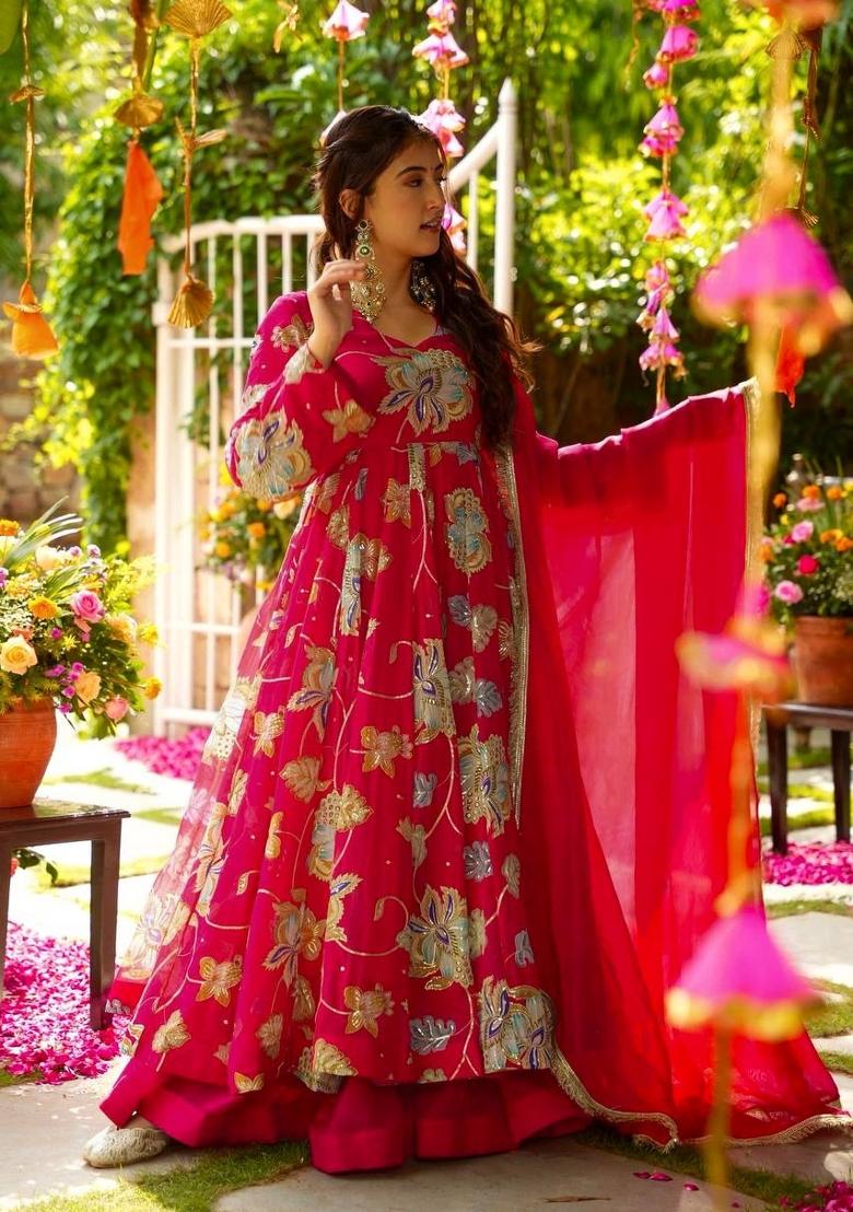 Red Embroidery Silk Sharara Set - Indya