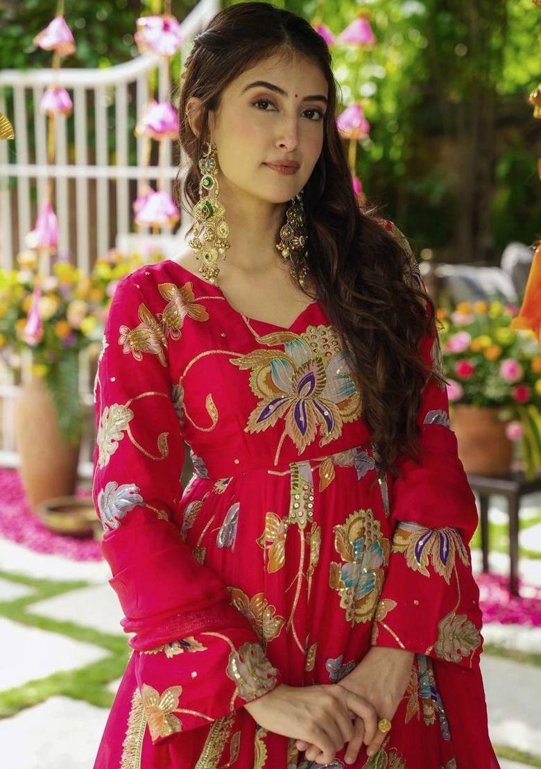 Red Embroidery Silk Sharara Set - Indya