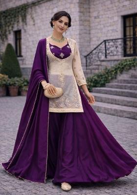 Purple Embroidery Chinon Palazzo Set