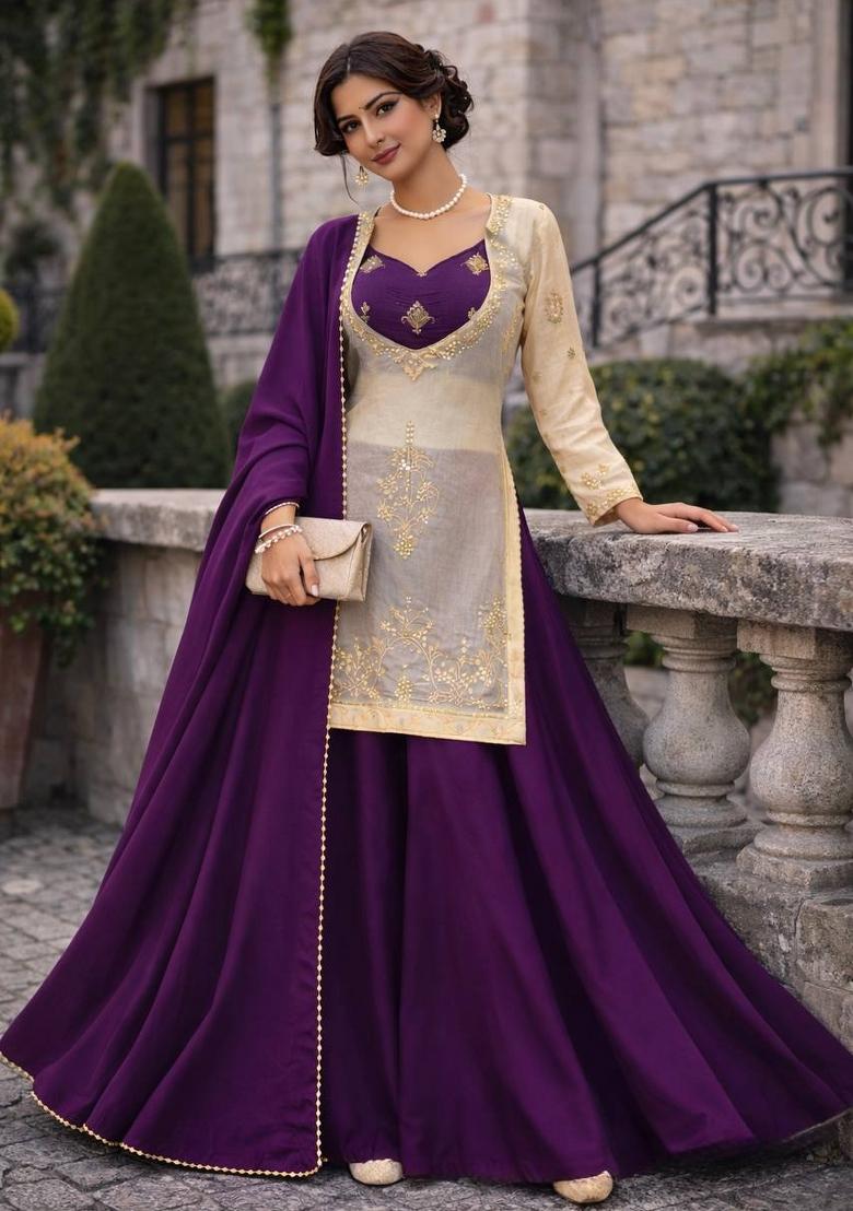 Purple Embroidery Chinon Palazzo Set - Indya
