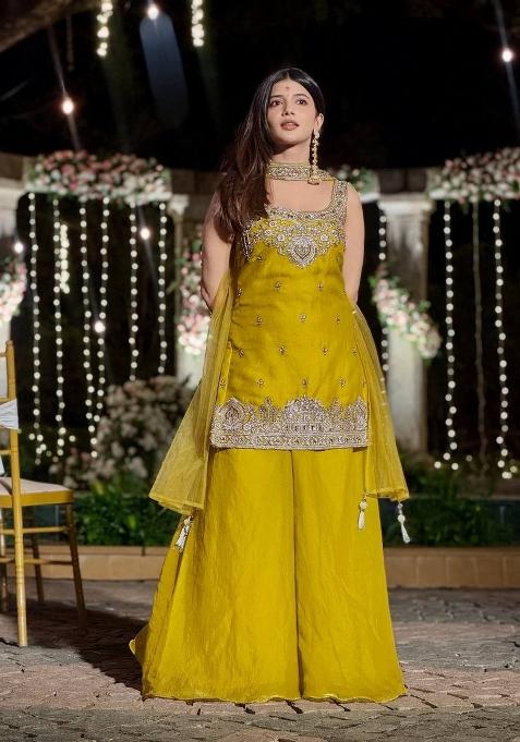 Yellow Embroidery Silk Sharara Set