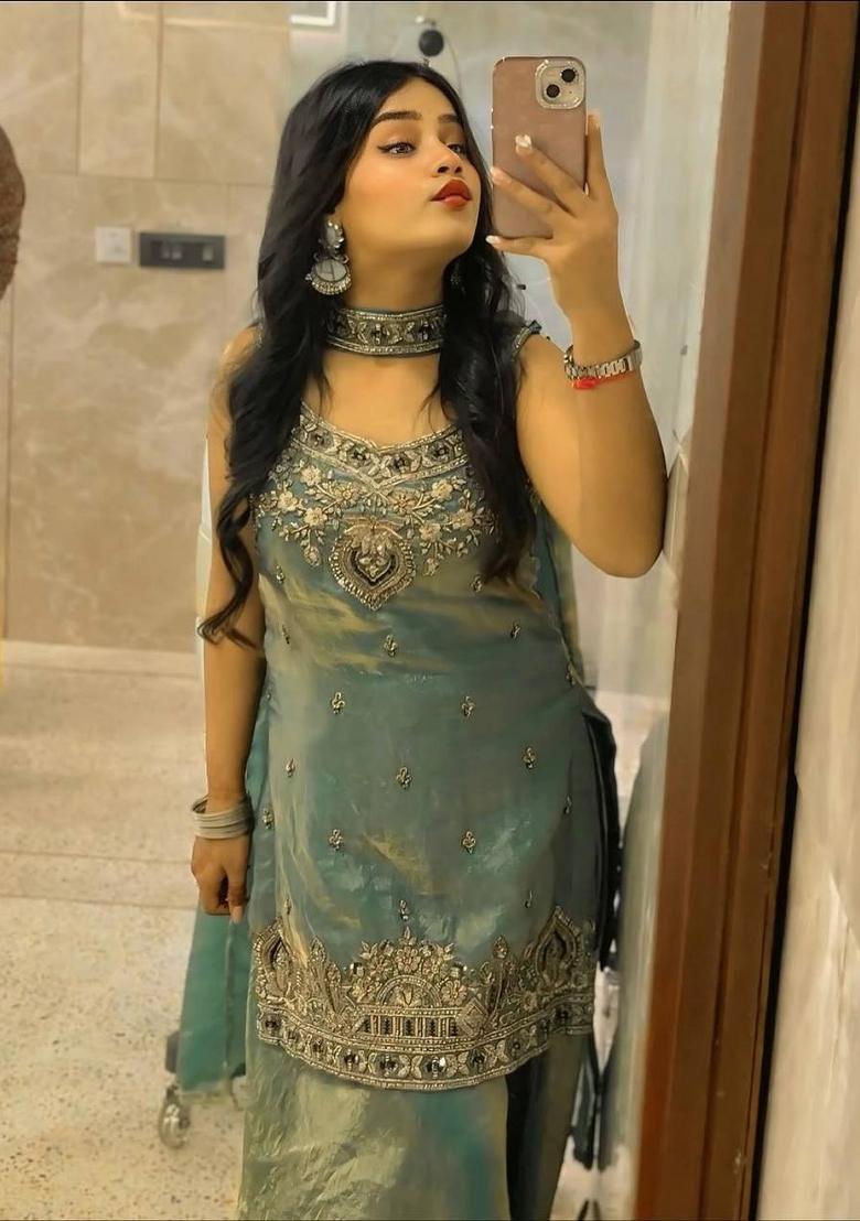 Teal Embroidery Silk Sharara Set - Indya