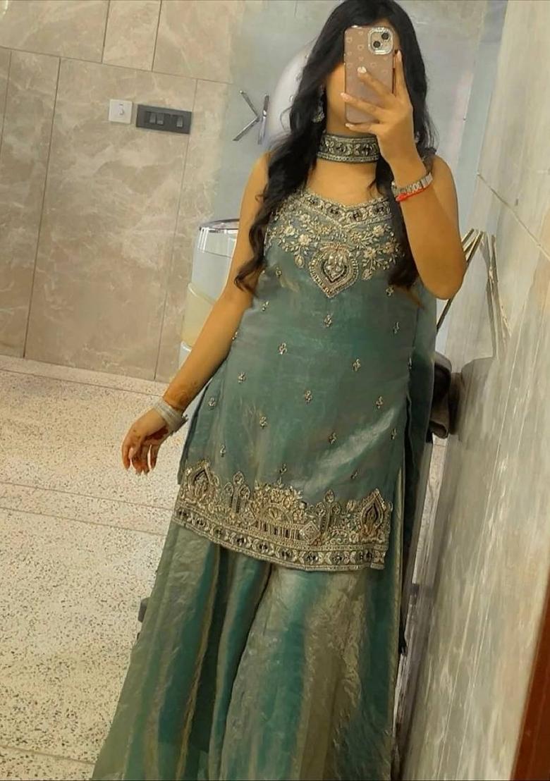 Teal Embroidery Silk Sharara Set - Indya