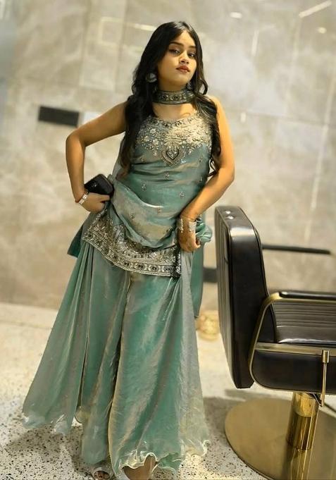Teal Embroidery Silk Sharara Set