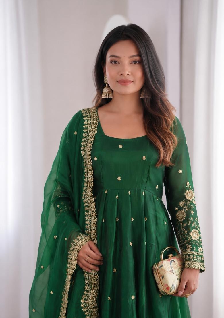 Green Embroidery Jacquard Gown Set - Indya