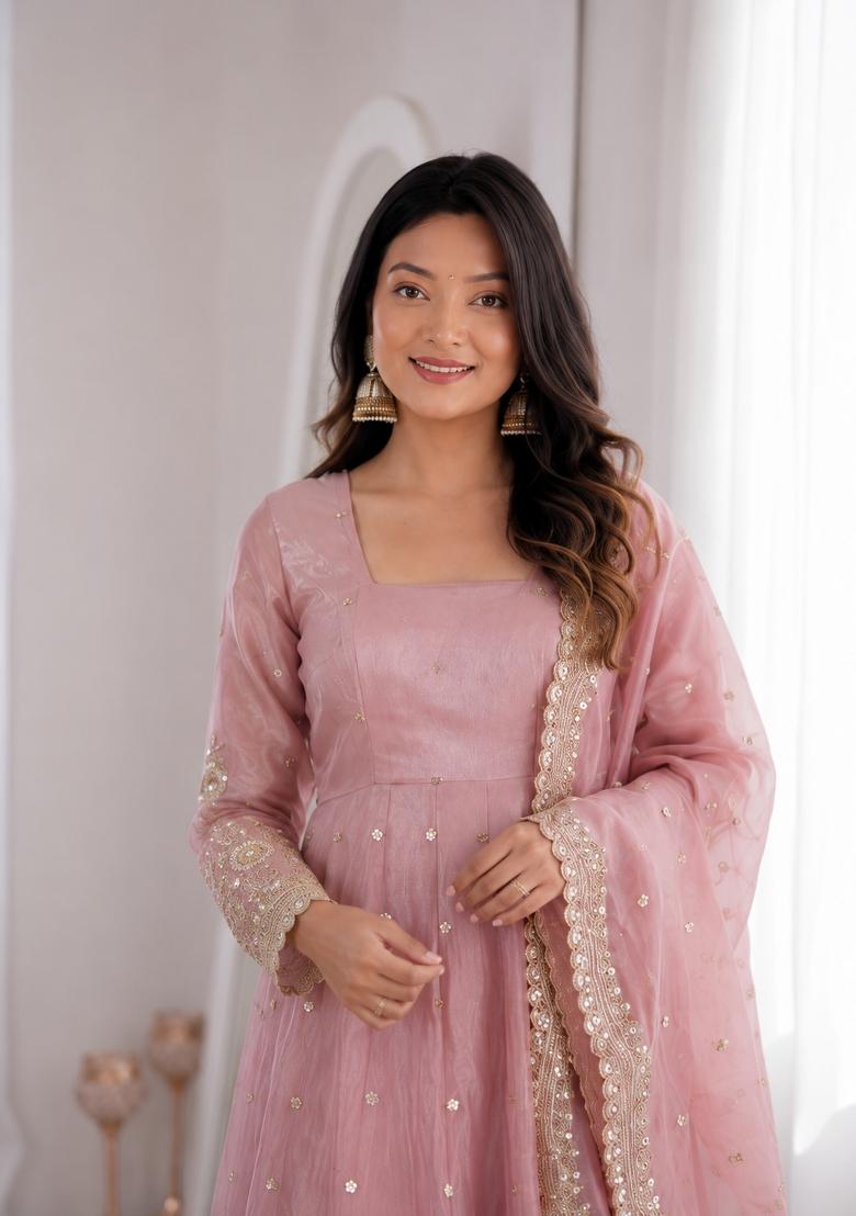 Purple Embroidery Jacquard Gown Set - Indya