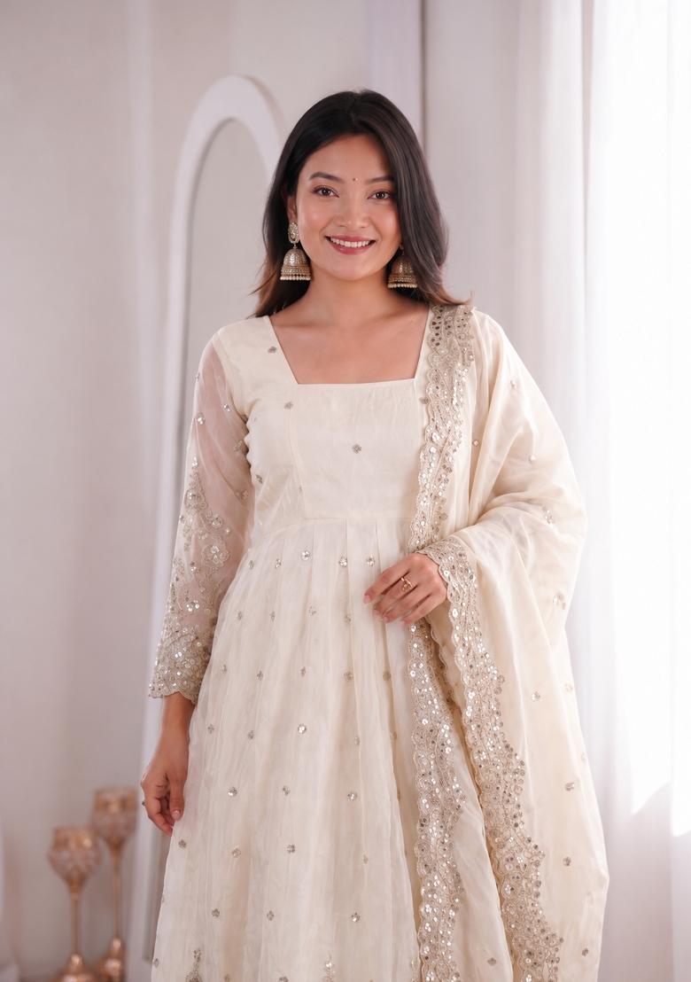 Cream Embroidery Jacquard Gown Set - Indya