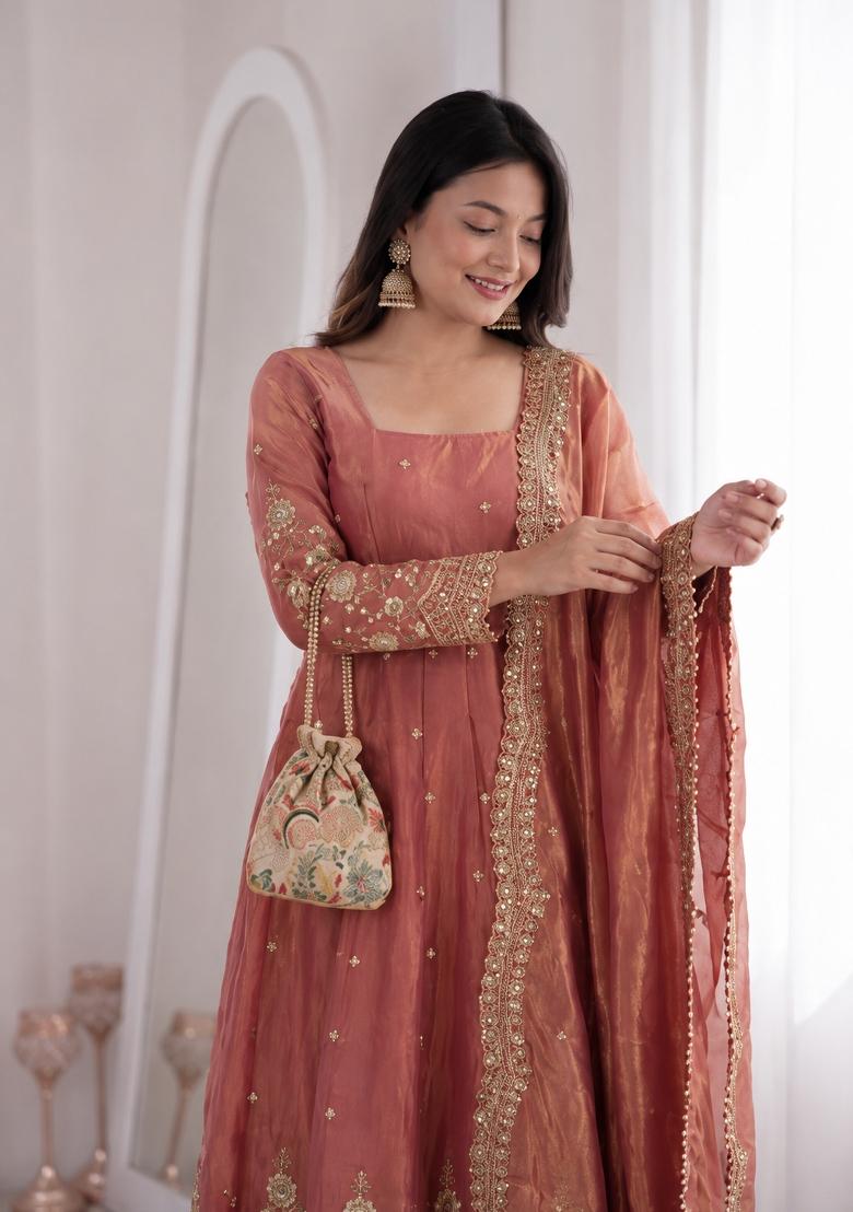 Pink Embroidery Jacquard Gown Set - Indya