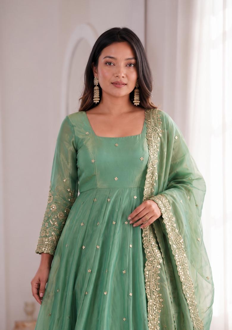 Mint Green Embroidery Jacquard Gown Set - Indya
