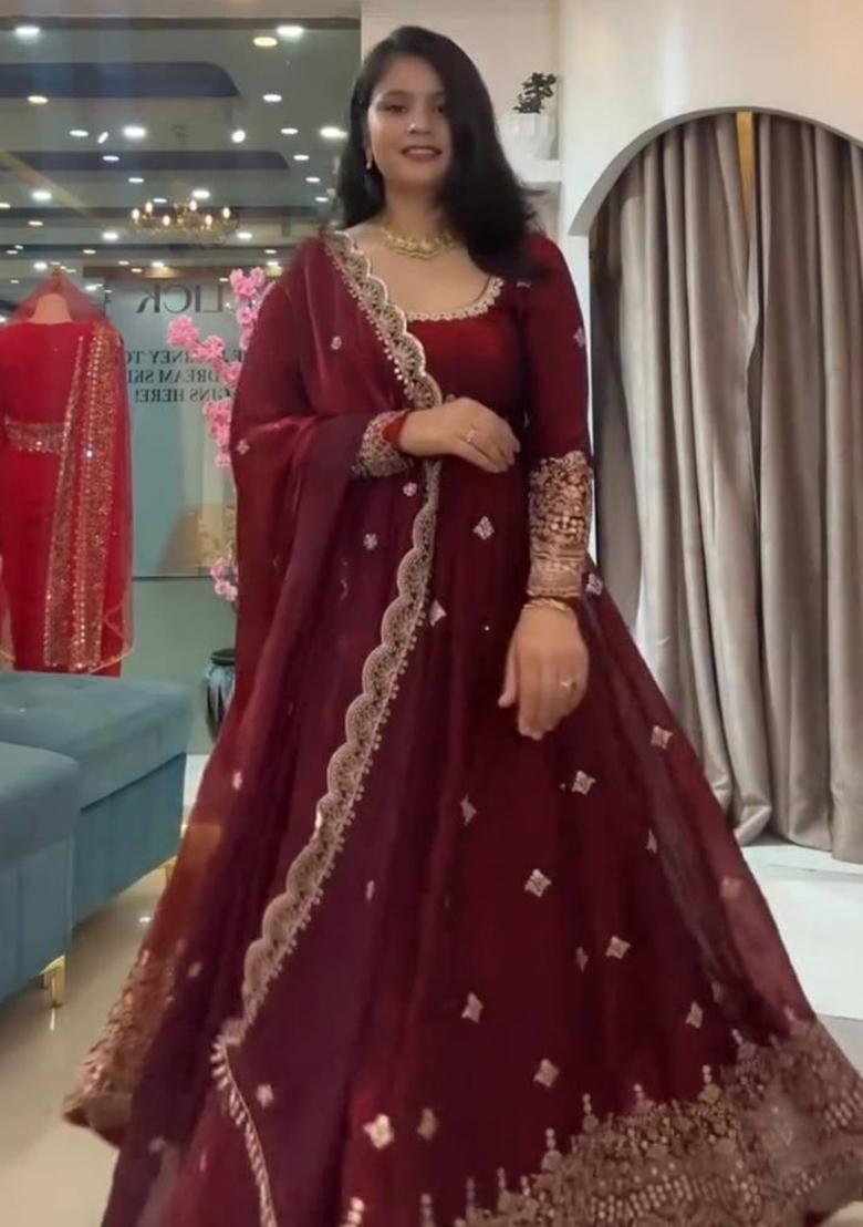 Maroon Embroidery Silk Gown Set - Indya