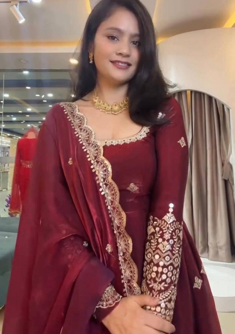 Maroon Embroidery Silk Gown Set - Indya