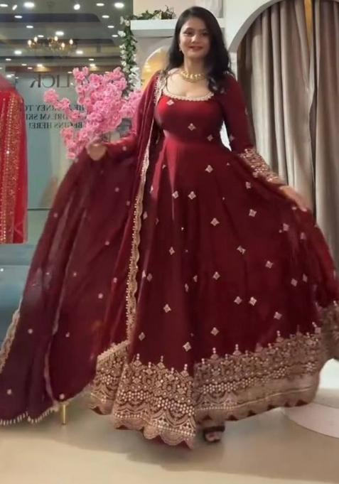 Maroon Embroidery Silk Gown Set