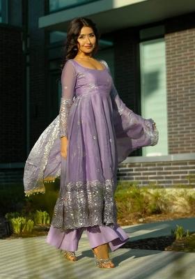 Purple Embroidery Silk Palazzo Set