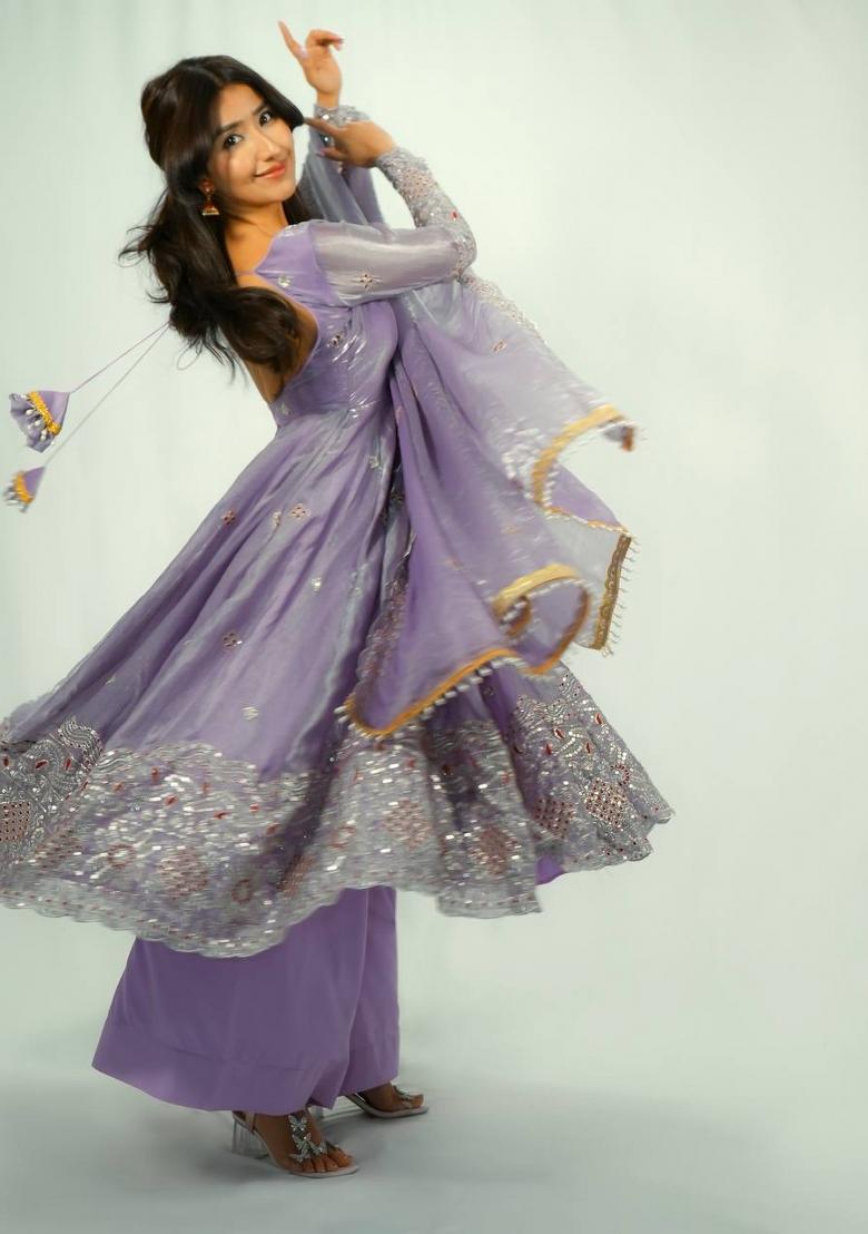 Purple Embroidery Silk Palazzo Set - Indya