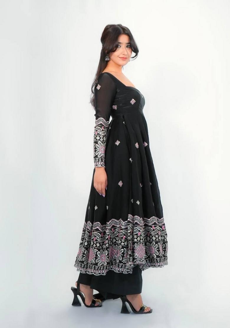 Black Embroidery Silk Palazzo Set - Indya