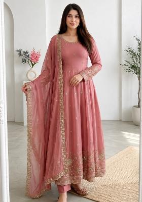Pink Embroidery Silk Gown Set