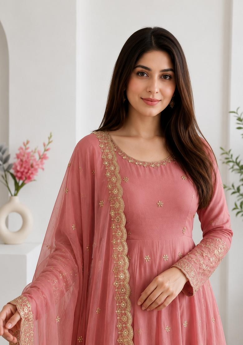Pink Embroidery Silk Gown Set - Indya