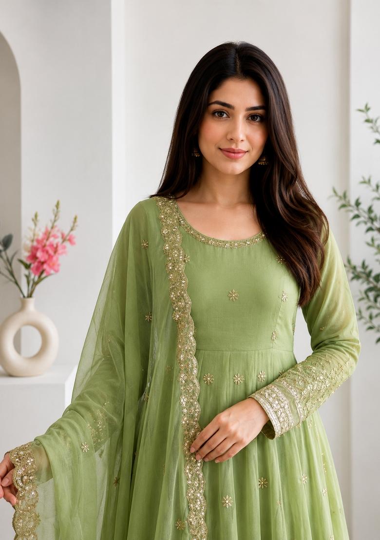 Pista Embroidery Silk Gown Set - Indya