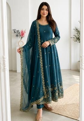 Teal Embroidery Silk Gown Set