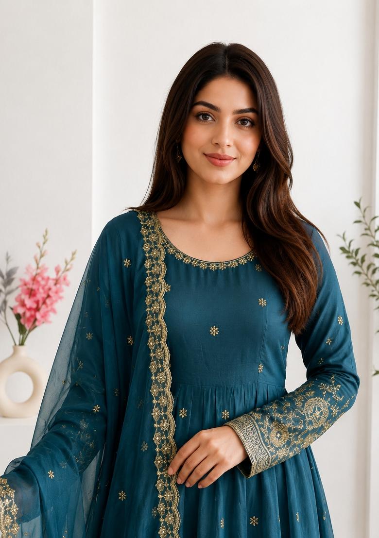 Teal Embroidery Silk Gown Set - Indya