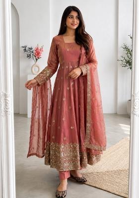 Mauve Embroidery Silk Gown Set