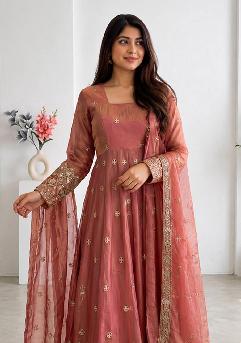 Mauve Embroidery Silk Gown Set - Indya