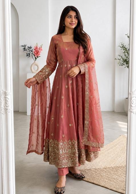 Mauve Embroidery Silk Gown Set