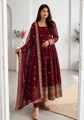 Maroon Embroidery Silk Gown Set