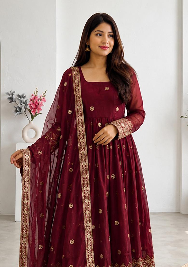 Maroon Embroidery Silk Gown Set - Indya