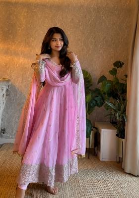 Light Pink Embroidery Silk Gown Set