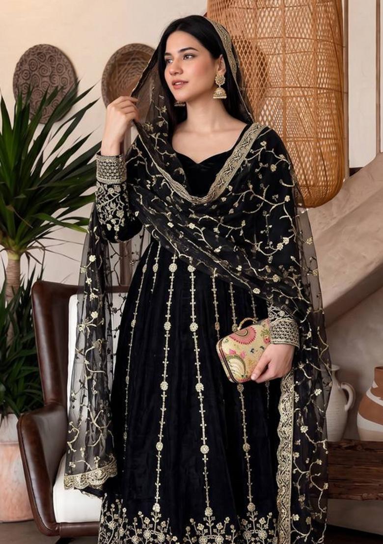 Black Embroidery Silk Gown Set - Indya