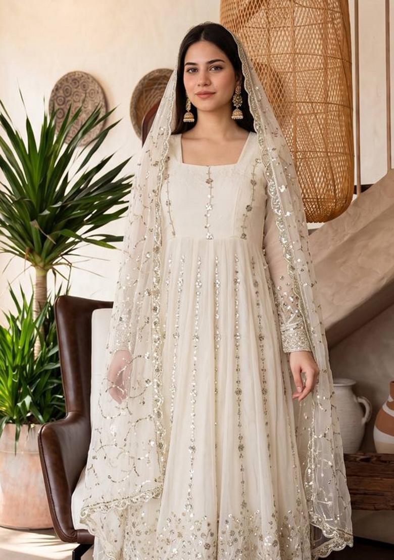 White Embroidery Silk Gown Set - Indya