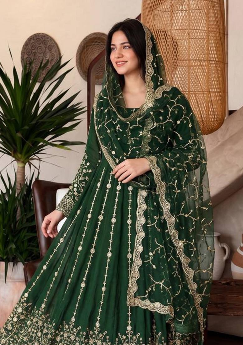 Green Embroidery Silk Gown Set - Indya