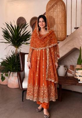 Orange Embroidery Silk Gown Set