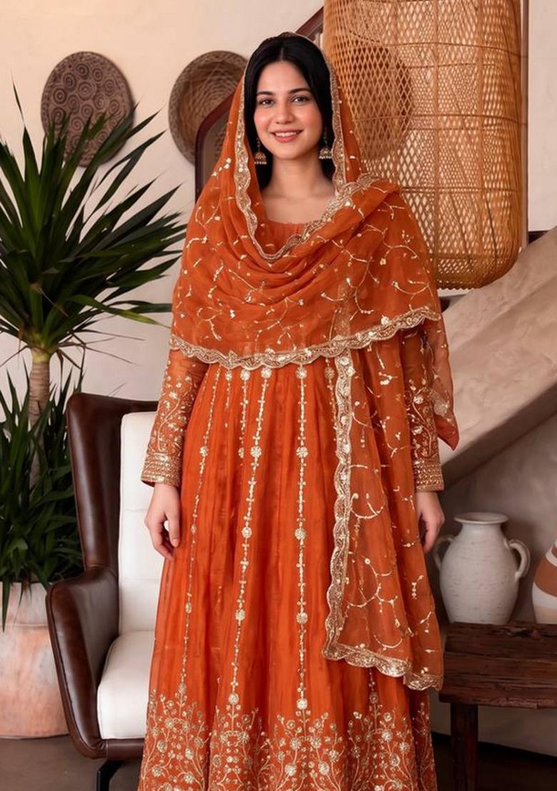 Orange Embroidery Silk Gown Set - Indya