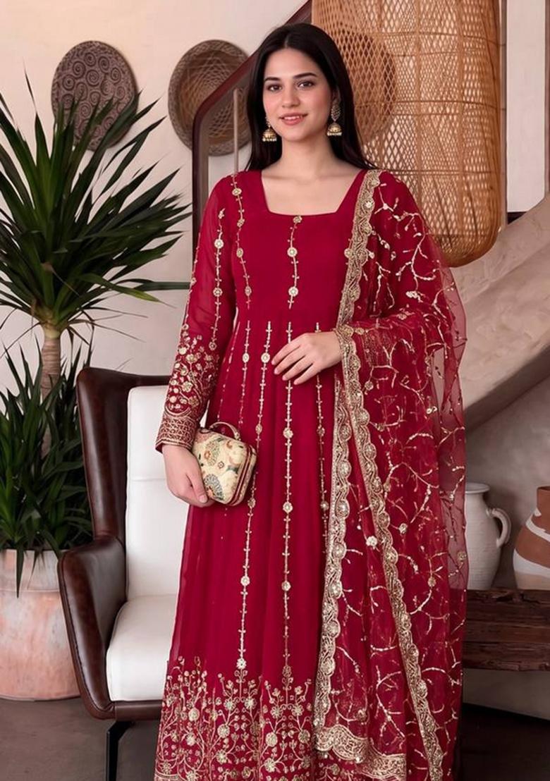 Red Embroidery Silk Gown Set - Indya