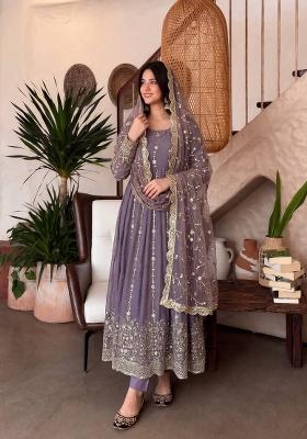 Purple Embroidery Silk Gown Set