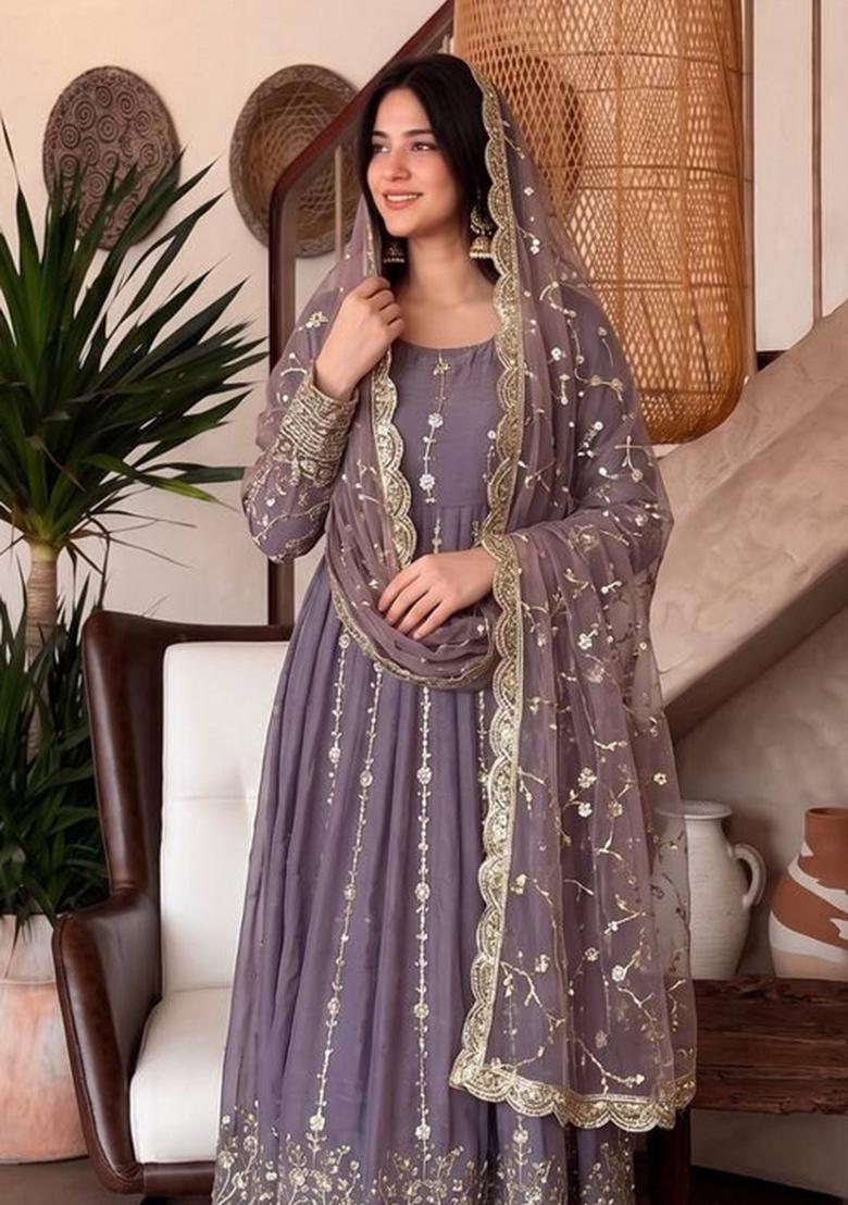 Purple Embroidery Silk Gown Set - Indya