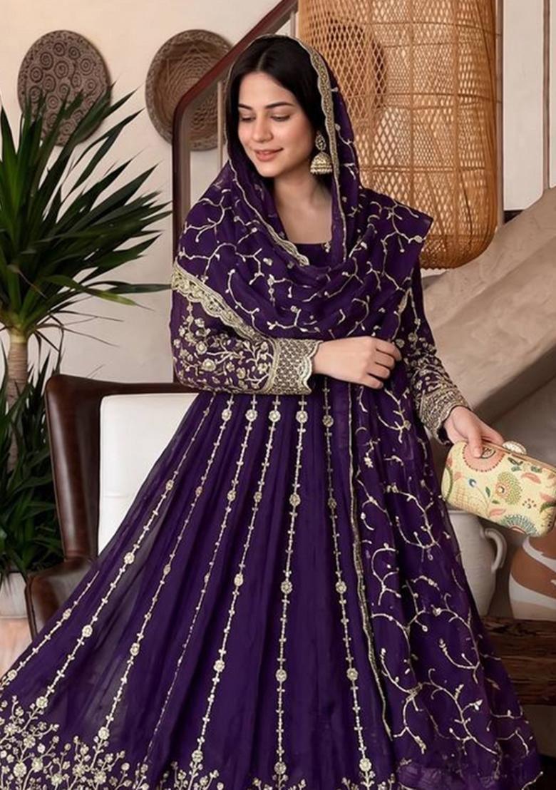 Mauve Embroidery Silk Gown Set - Indya