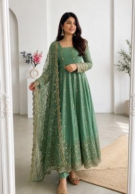 Mint Green Embroidery Silk Gown Set