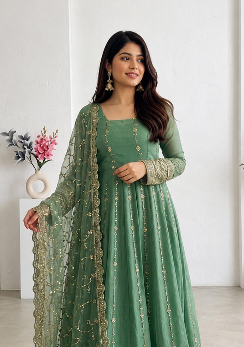 Mint Green Embroidery Silk Gown Set - Indya