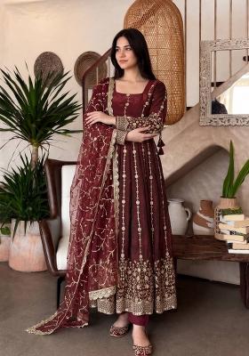 Maroon Embroidery Silk Gown Set