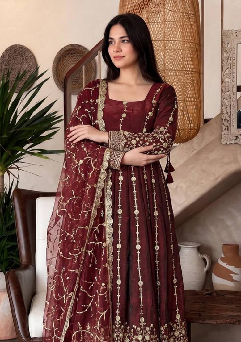 Maroon Embroidery Silk Gown Set - Indya