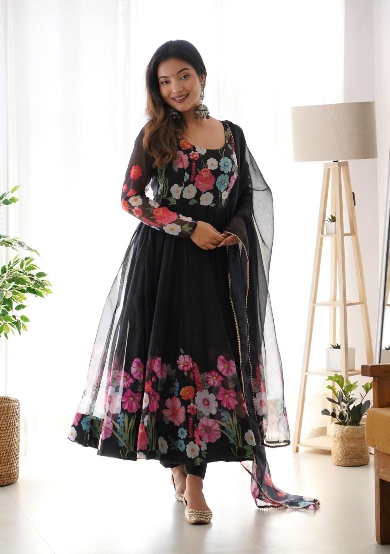 Black Printed Silk Gown Set - Indya