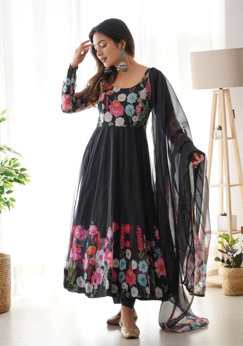 Black Printed Silk Gown Set - Indya