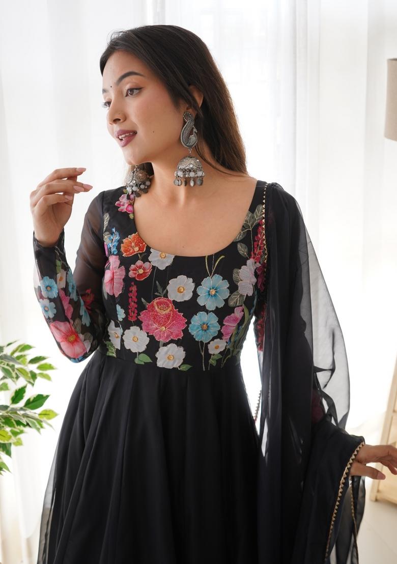 Black Printed Silk Gown Set - Indya