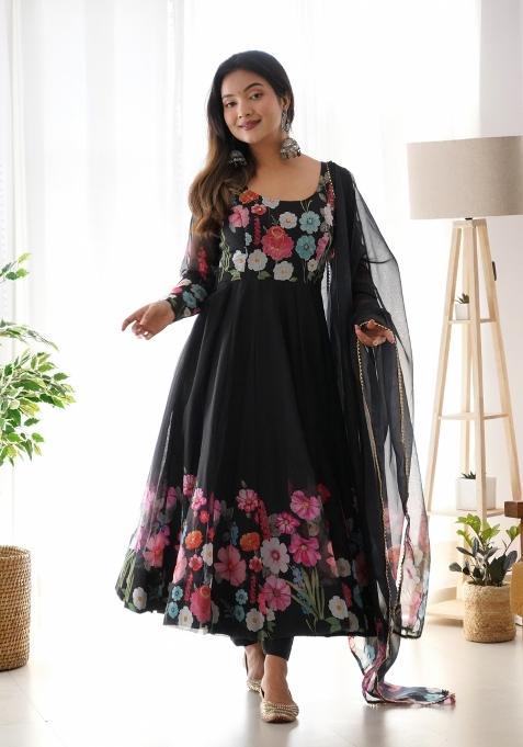 Black Printed Silk Gown Set