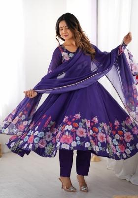 Blue Printed Silk Gown Set