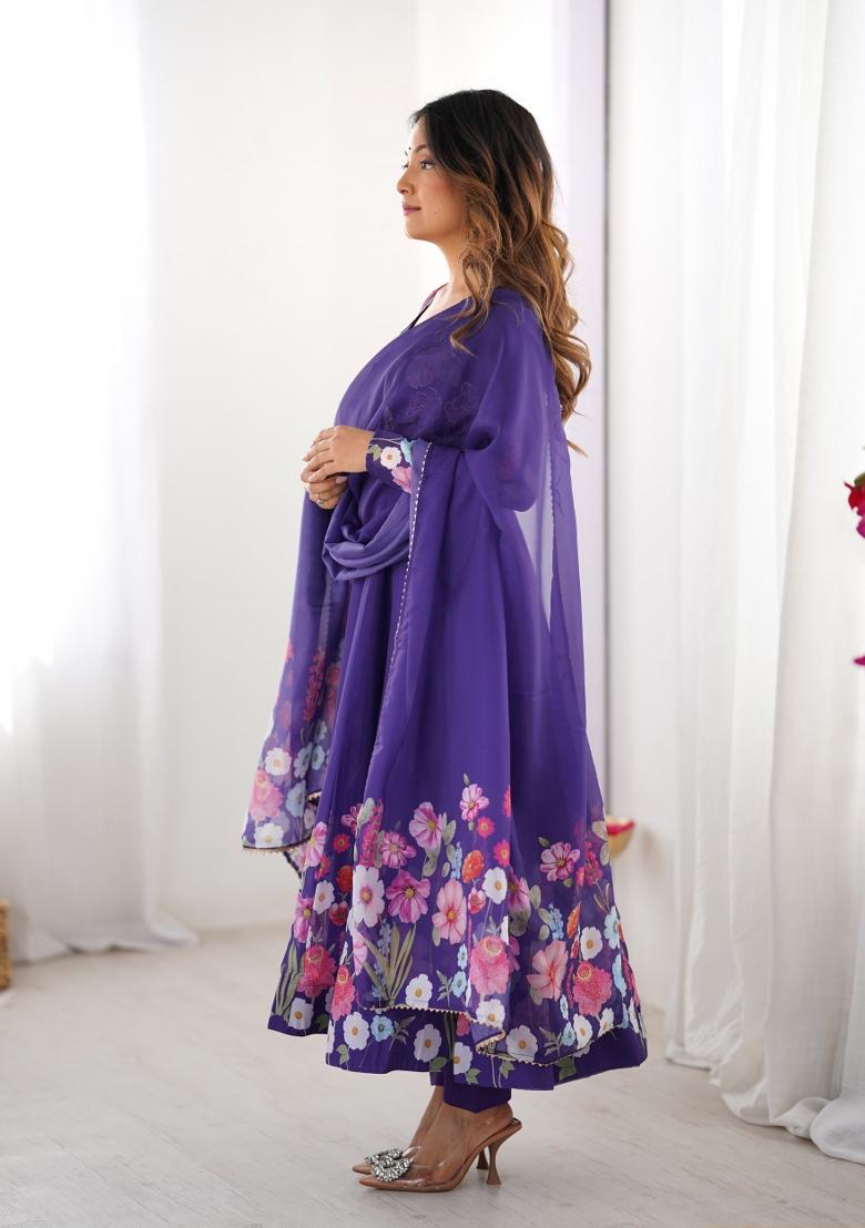 Blue Printed Silk Gown Set - Indya